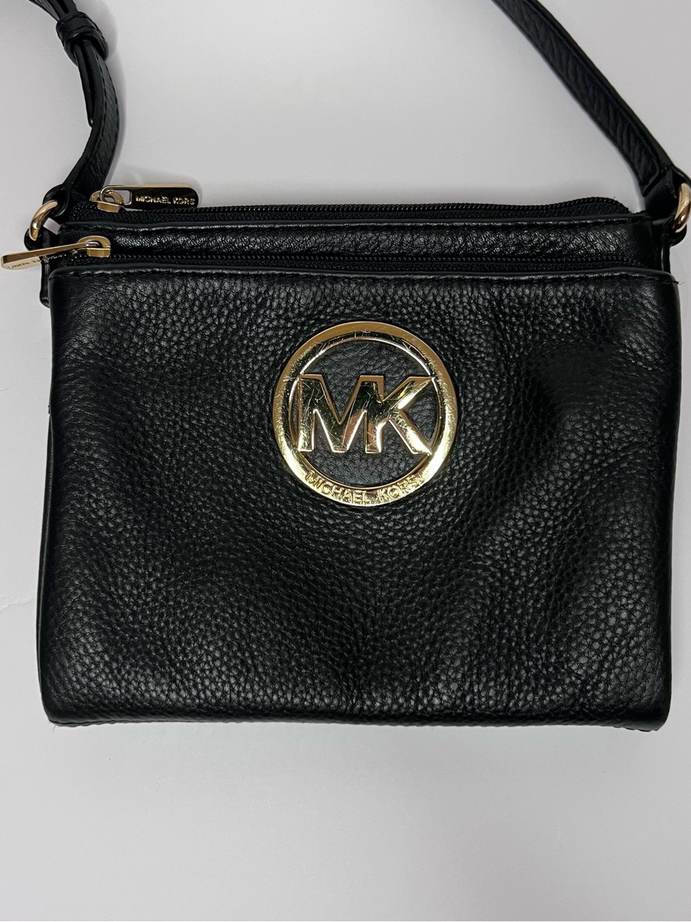 Michael Kors Black Pebbled Leather Crossbody with Gold MK Medallion